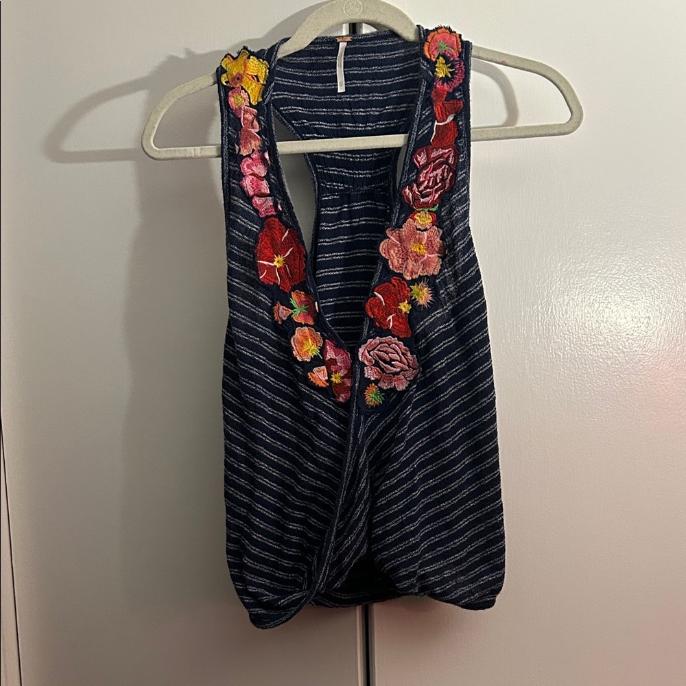 Free People Striped Navy Tank with Floral Embroidery